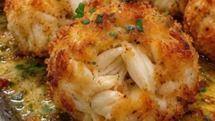 Bombes de crabe dorées et croustillantes sur une plaque de cuisson, agrémentées d'herbes fraîches.