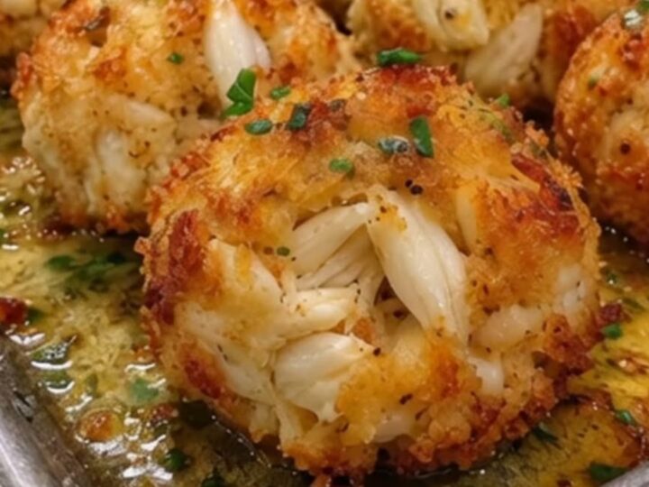 Bombes de crabe dorées et croustillantes sur une plaque de cuisson, agrémentées d'herbes fraîches.