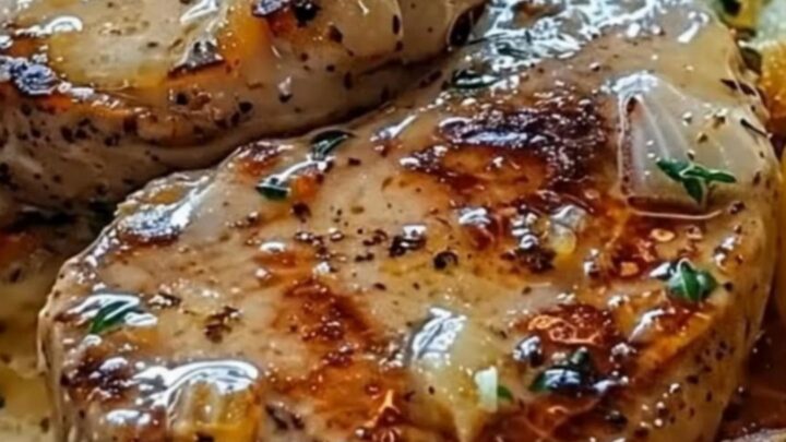 Glistening skillet containing seared pork chops and crispy baby potatoes smothered in a velvety garlic cream sauce.