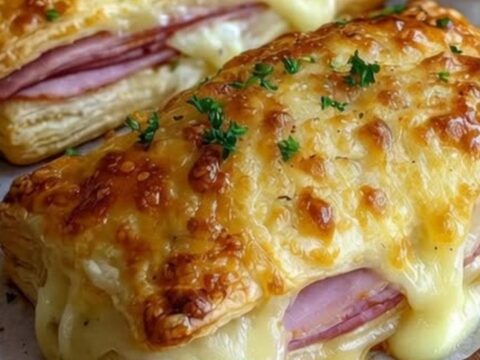 Feuilletés dorés et croustillants garnis de jambon et de gruyère fondant sur une plaque.