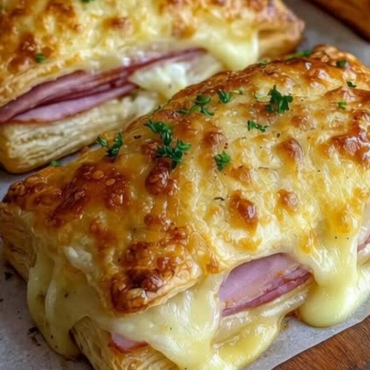Feuilletés dorés et croustillants garnis de jambon et de gruyère fondant sur une plaque.