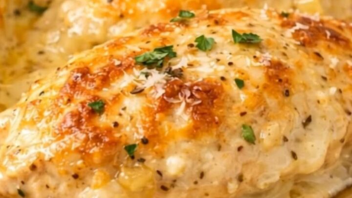 A golden, melted cheese crust on a baked chicken breast being pressed with a fork, oozing garlic cream.