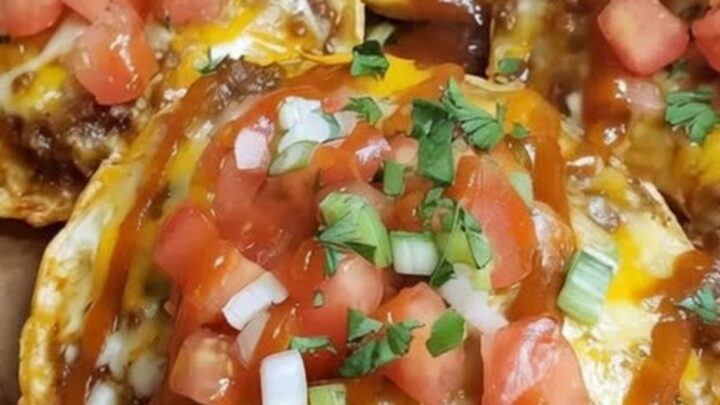 A close-up shot of a crispy Mexican pizza showing a long cheese pull and seasoned ground beef.