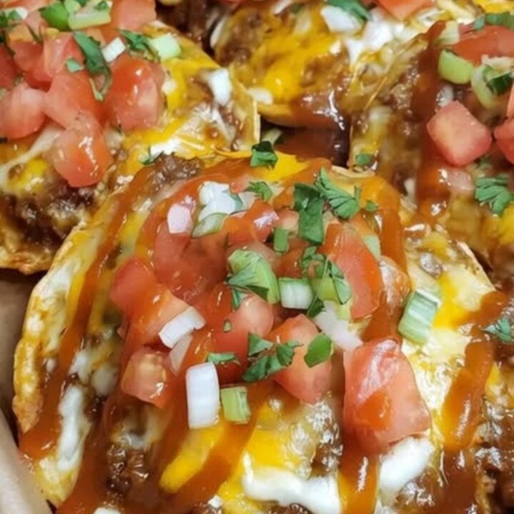 A close-up shot of a crispy Mexican pizza showing a long cheese pull and seasoned ground beef.
