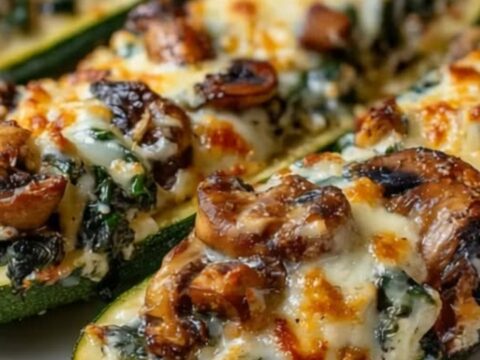 A golden, cheese-crusted stuffed zucchini boat on a white platter, captured in warm, soft lighting.