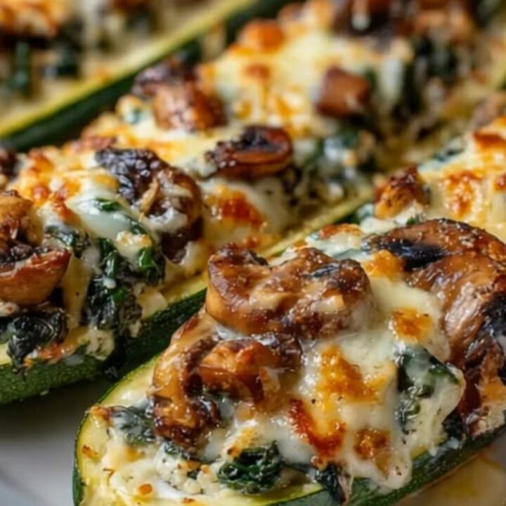 A golden, cheese-crusted stuffed zucchini boat on a white platter, captured in warm, soft lighting.