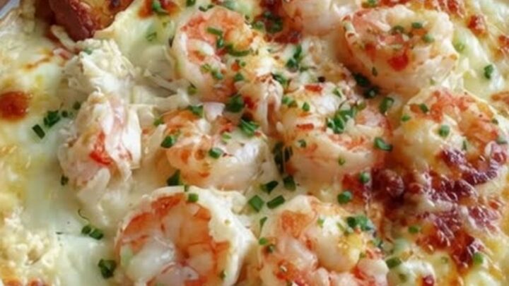 A close-up of a toasted baguette slice scooping into a golden, bubbling baked shrimp and crab dip.