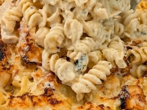 A close-up scoop of creamy chicken Alfredo pasta casserole showing bubbling mozzarella and steaming rotini.