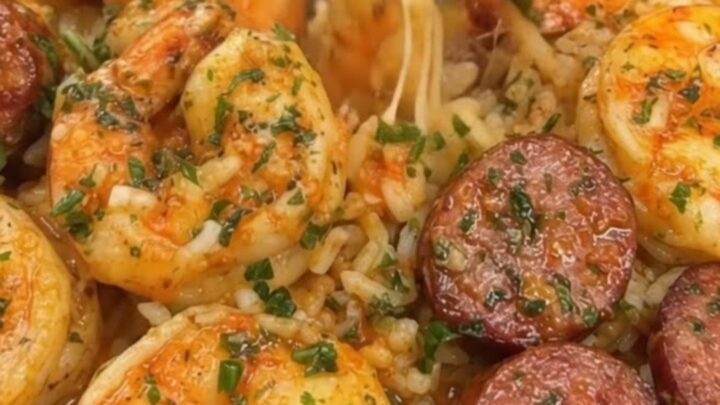 A white bowl filled with garlic butter Cajun shrimp, sliced smoked sausage, and seasoned rice garnished with parsley.