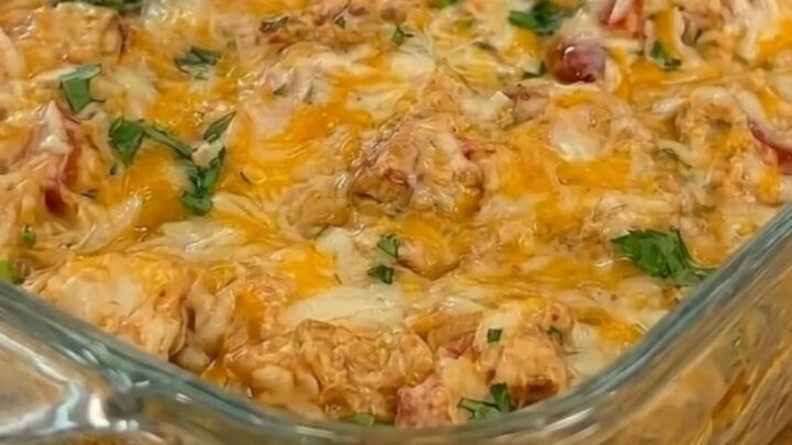 A steaming scoop of creamy chicken and rice casserole with an irresistible cheese pull.