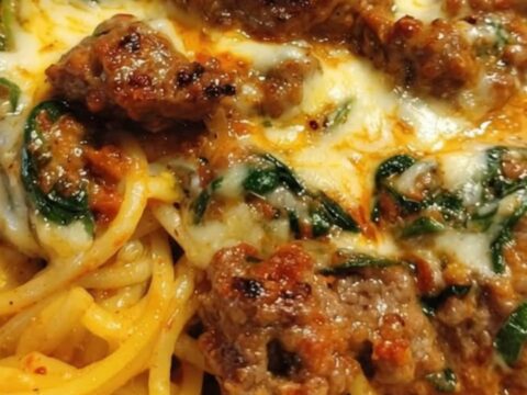 Creamy Cajun sausage spaghetti in a white bowl with melted mozzarella and spinach.