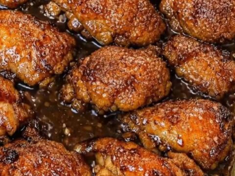 A rectangular glass baking dish filled with glossy, deeply caramelized honey garlic chicken thighs bubbling in a rich