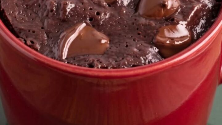 A warm, fudgy sugar-free chocolate mug brownie in a glossy red mug topped with melted chocolate chunks.