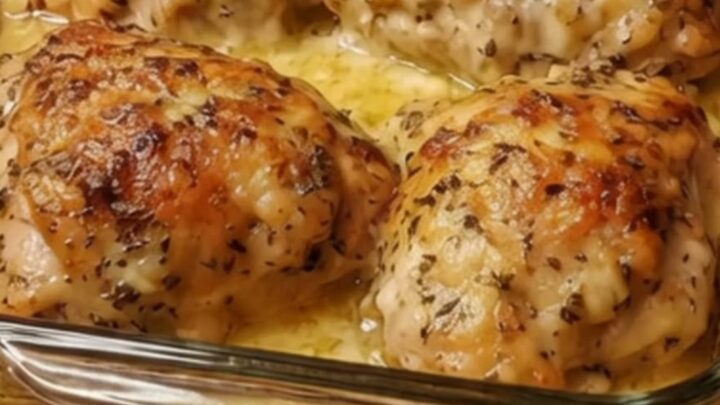 Six golden herb-crusted chicken thighs baked in a rectangular glass dish with bubbling creamy sauce and fresh thyme.