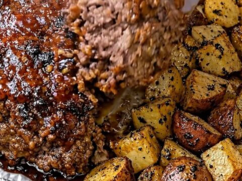 A steaming, juicy slice of glazed meatloaf on a metal spatula, with a full pan of meatloaf and roasted potatoes
