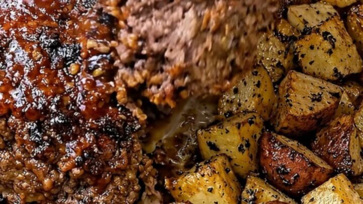A steaming, juicy slice of glazed meatloaf on a metal spatula, with a full pan of meatloaf and roasted potatoes