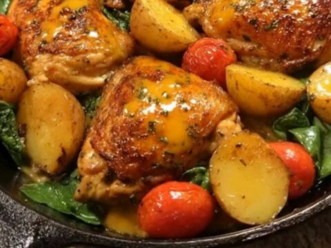 A rustic cast-iron skillet filled with glossy, golden-brown honey garlic chicken thighs, crispy halved baby potatoes