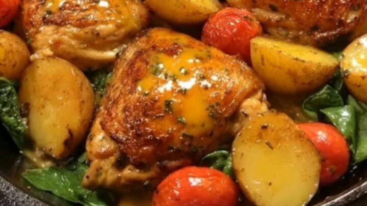 A rustic cast-iron skillet filled with glossy, golden-brown honey garlic chicken thighs, crispy halved baby potatoes