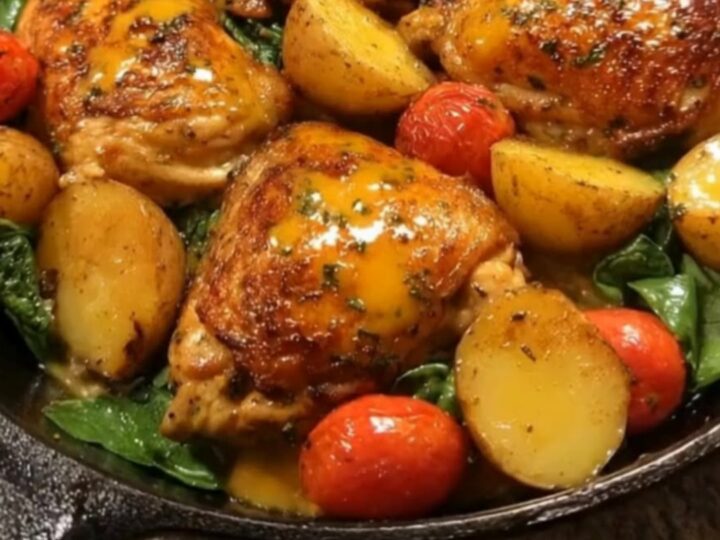 A rustic cast-iron skillet filled with glossy, golden-brown honey garlic chicken thighs, crispy halved baby potatoes