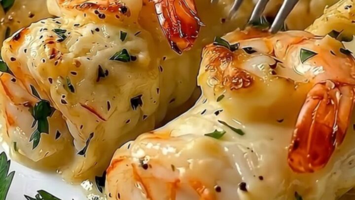 Bouchées de crevettes nappées de beurre d'ail et surmontées de fromage fondu doré.