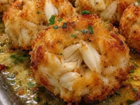 Two fingers breaking open a golden, crispy crab bomb to reveal steaming, tender jumbo lump crab meat inside.