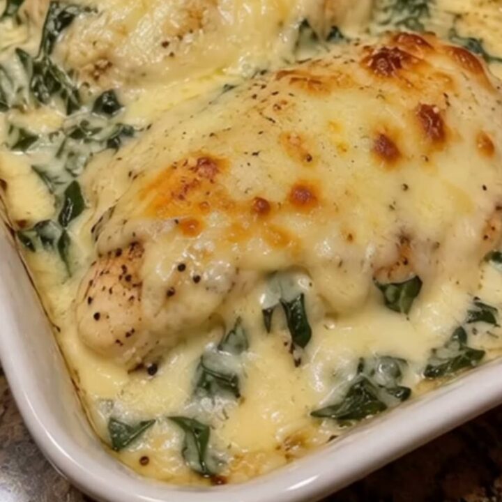 A white rectangular casserole dish filled with baked chicken breasts smothered in creamy Alfredo sauce, wilted spinach