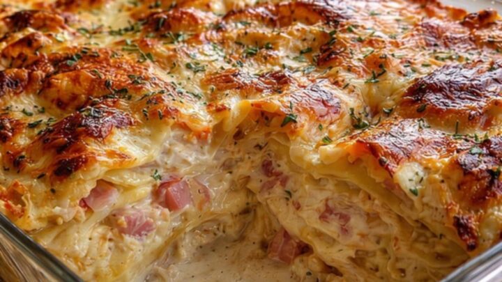 A golden-brown baked chicken cordon bleu lasagna in a glass dish with a slice being lifted.