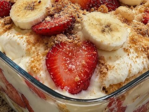 A close-up of a square glass dish filled with layers of vanilla cream, sliced bananas, strawberries, and wafer crumbs.