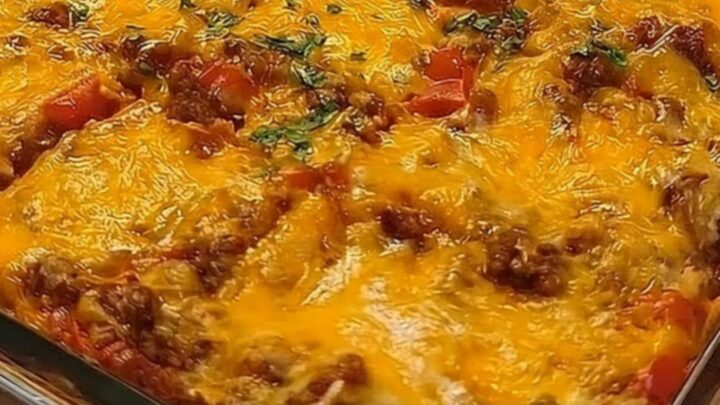 A freshly baked cheesy taco squares casserole in a glass baking dish, topped with melted golden cheddar.