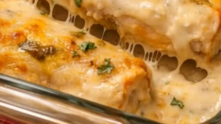 A glass baking dish filled with golden-brown, bubbly white chicken enchiladas resting on a red checkered cloth.