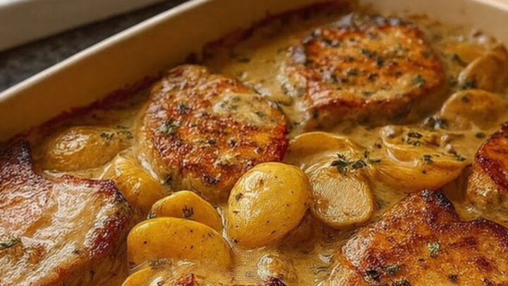 A ceramic baking dish filled with golden-seared pork chops, creamy mushroom sauce, and tender baby potatoes with fresh thyme.