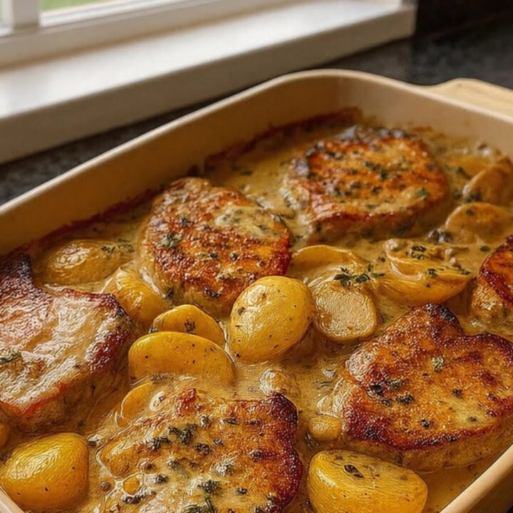 A ceramic baking dish filled with golden-seared pork chops, creamy mushroom sauce, and tender baby potatoes with fresh thyme.