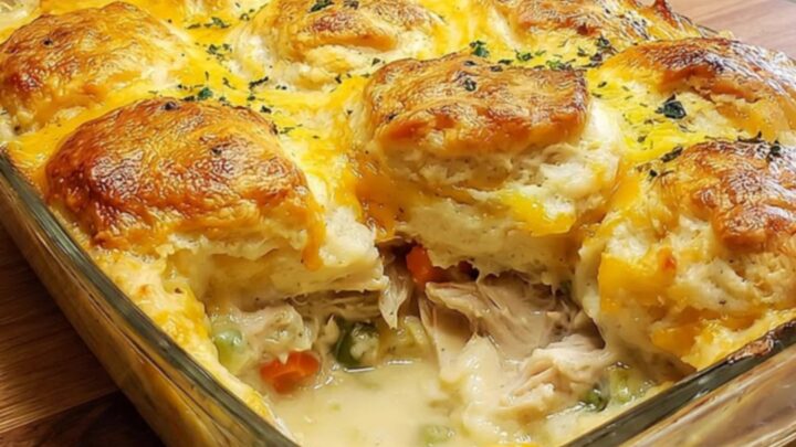 A golden, bubbling chicken cobbler casserole in a glass dish on a wooden counter.