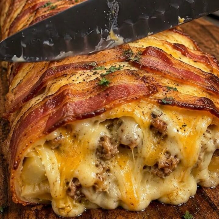 A golden brown bacon wrapped meatloaf sitting on a wooden cutting board with molten mozzarella cheese oozing out.