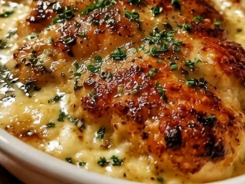A white oval baking dish filled with golden-brown baked chicken breasts smothered in bubbling cheese and creamy sauce.