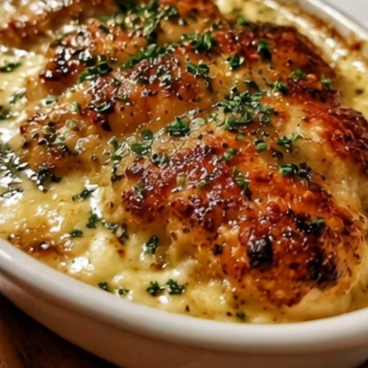 A white oval baking dish filled with golden-brown baked chicken breasts smothered in bubbling cheese and creamy sauce.