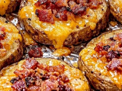 Rondelles de pommes de terre dorées garnies de cheddar fondu et de bacon croustillant.