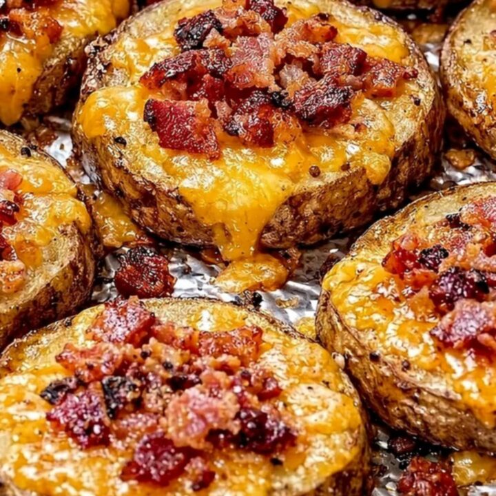 Rondelles de pommes de terre dorées garnies de cheddar fondu et de bacon croustillant.
