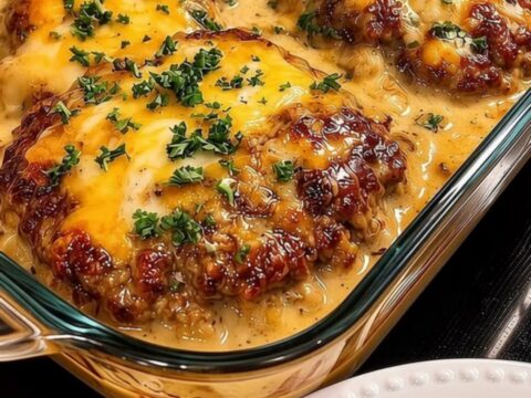 A glass baking dish filled with cheese-crusted hamburger steaks bubbling in a rich cream gravy, garnished with fresh parsley.