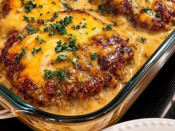 A glass baking dish filled with cheese-crusted hamburger steaks bubbling in a rich cream gravy, garnished with fresh parsley.