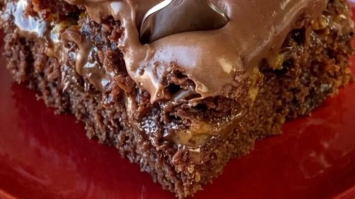 A close-up of a decadent slice of sugar-free chocolate turtle cake on a vibrant red plate