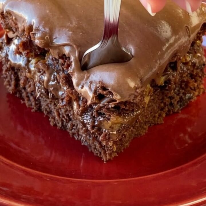 A close-up of a decadent slice of sugar-free chocolate turtle cake on a vibrant red plate