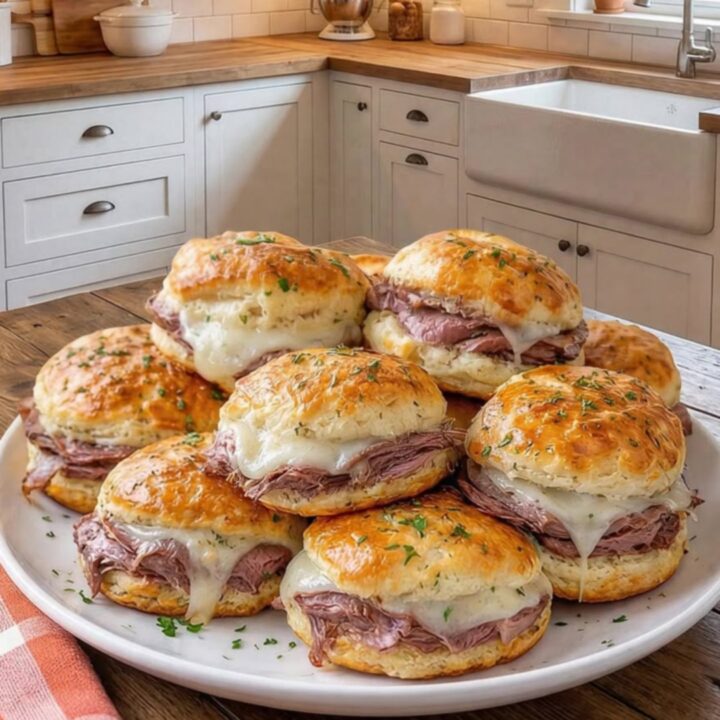 A white platter piled high with golden, herb-topped baked French dip sandwiches on a rustic kitchen counter.