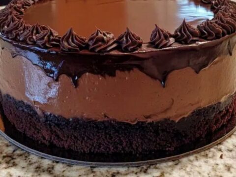 Gâteau mousse au chocolat brillant avec des rosettes sur le pourtour sur un comptoir en granit.