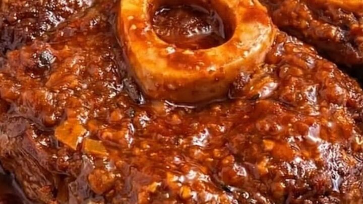 Classic braised osso buco with roasted potatoes on a white plate.