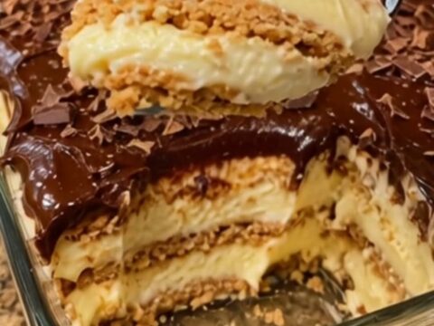 Gâteau éclair sans cuisson avec ses couches visibles de biscuits, crème vanille et glaçage chocolat.