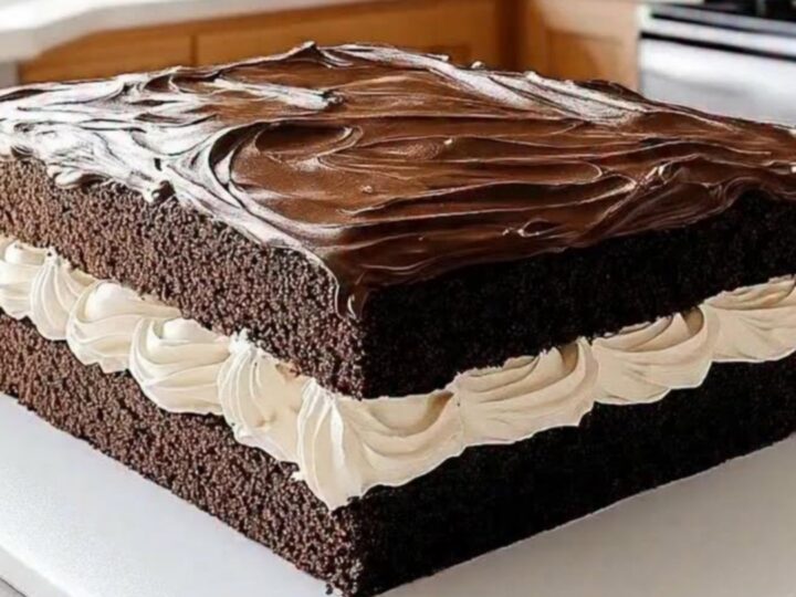 Vue rapprochée de carrés de gâteau au chocolat avec une couche de crème blanche et glaçage brillant.