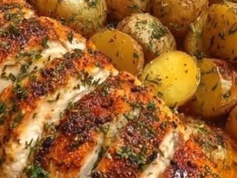 A glass baking dish containing sliced golden roasted chicken breast, crispy baby potatoes, and vibrant green beans.