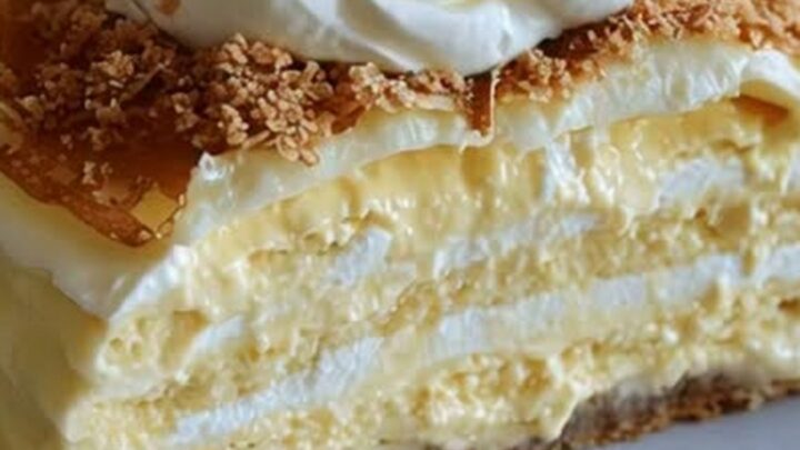 Une part de gâteau de crêpes en couches régulières avec de la crème et des éclats de biscuits sur une assiette.