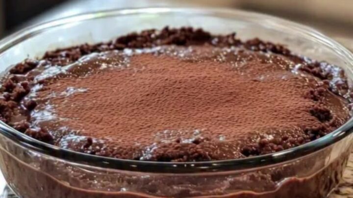 Un gâteau au chocolat fondant dans un plat en verre, avec un cœur coulant visible à la découpe et de la vapeur qui s'échappe.